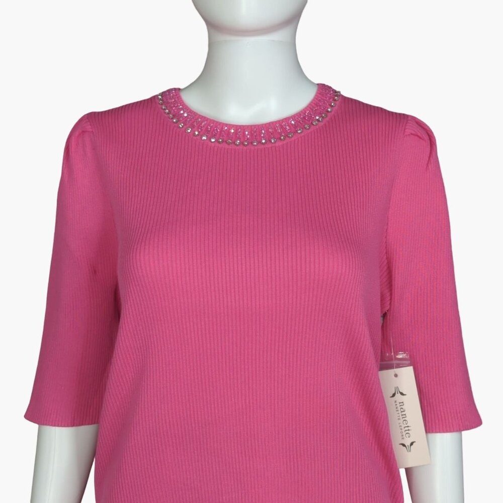 Nanette Lepore Women’s Size L Fuchsia Rib Sweater Jewel Neck Half Sleeve New